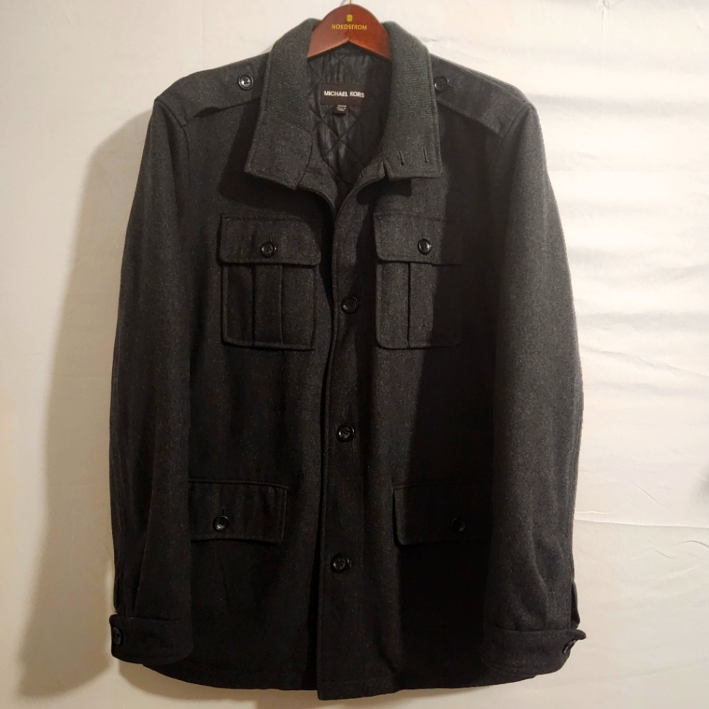 Michael Kors Black Pea Coat - Men's M - Heavy Warm Wool Blend - Button Front
